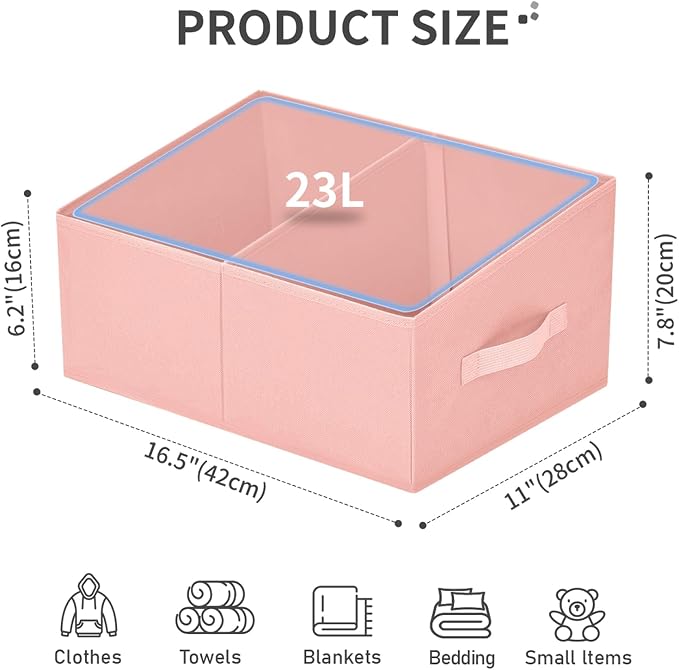 DIMJ Large Closet Shelf Organizer Bins 6 Packs with Handles and Divider, Fabric Trapezoid Storage Baskets, Foldable Clothes Containers Box for Shelf, Towel, Book, Toy, Purse, Hats, Pink - Image 2
