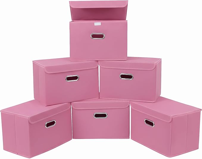 STOREONE Fabric Storage Cube Bins Foldable Organizer Container Collapsible Basket with Lids and Metal Handles, for Home, Bedroom, Closet 6 Pcs (Pink) by STOREONE