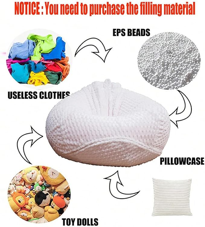 Soft Bean Bag Chair Cover No Filler Sofa Cover Storage Washable Bean Bag Cover Organizing Children Plush Toys for Living Room Bedroom (White, 3 feet-39.3"*39.3"*23.6") - Image 3