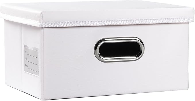 Collapsible Storage Box with Lid [1-Pack] Leather Fabric Foldable Storage Bin Organizer Container Basket Cube with Cover for Home Bedroom Closet Office Nursery White (13.6x9.6x6.9) by Prandom