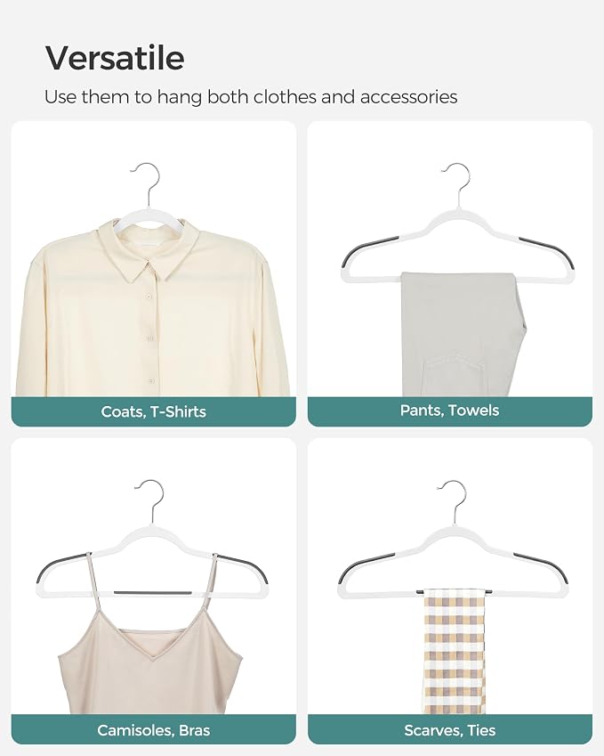 SONGMICS Plastic Clothes Hangers, Pack of 30, Non-Slip, Space-Saving | 0.2 Inches Thick, 17.7 Inches Wide, 360° Swivel Hook, White and Dark Gray, BREANNA Collection UCRP050W03 - Image 4