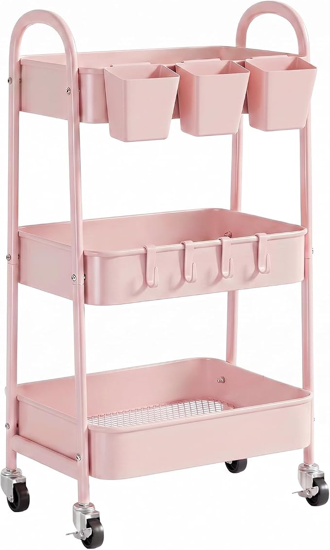 danpinera 3-Tier Rolling Cart, Utility Cart Mobile Metal Rolling Storage Cart with Lockable Wheels & Hanging Cups & Hooks for Kitchen, Bathroom, Office, Workshop, Pink - Image 10