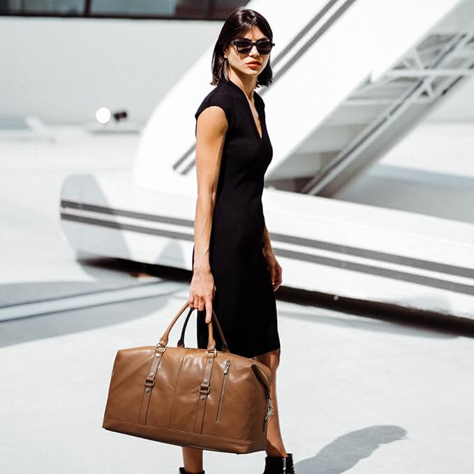 S-ZONE Genuine Leather Women Travel Duffle Weekender Overnight Weekend Carry on Shoulder Tote Bag | Durable Genuine Leather, Carry-on Size,Adjustable Strap,1 Main Compartment and 2 Zipped Pockets - Image 2