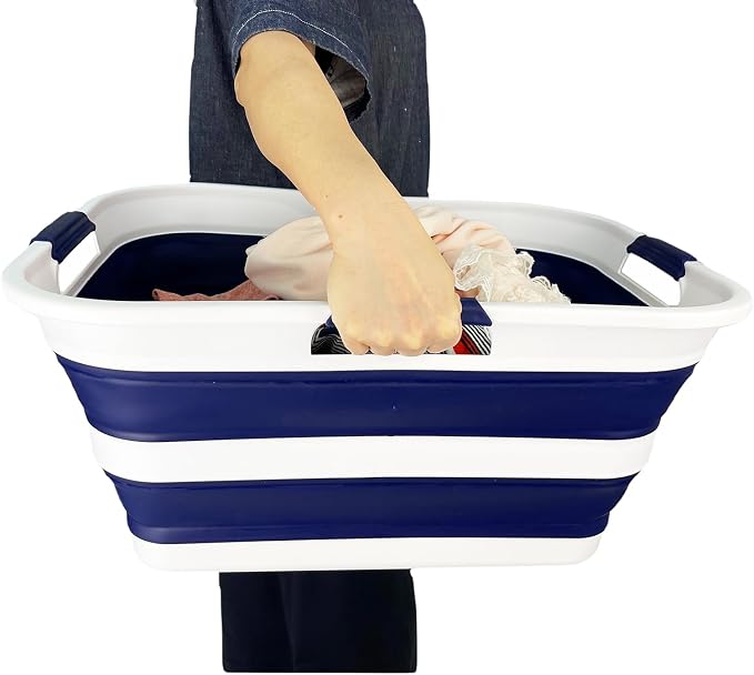 SAMMART 42 (11 Gallons) Collapsible Plastic Laundry Basket, Foldable Pop Up Storage Container/Organizer, Space Saving Hamper, Portable Bin for Dorm Room Bathroom (2, Starry Blue+Beige) - Image 8