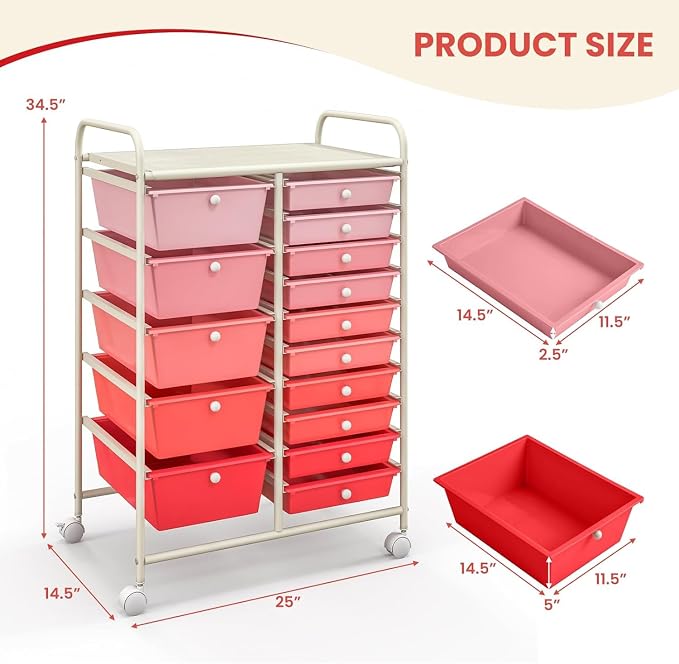 15 Drawer Rolling Storage Cart, Rolling Cart with Drawers for Classroom, Art Supply Craft Organizer on Wheel with Metal Frame & Handles for Home Office School - Image 3