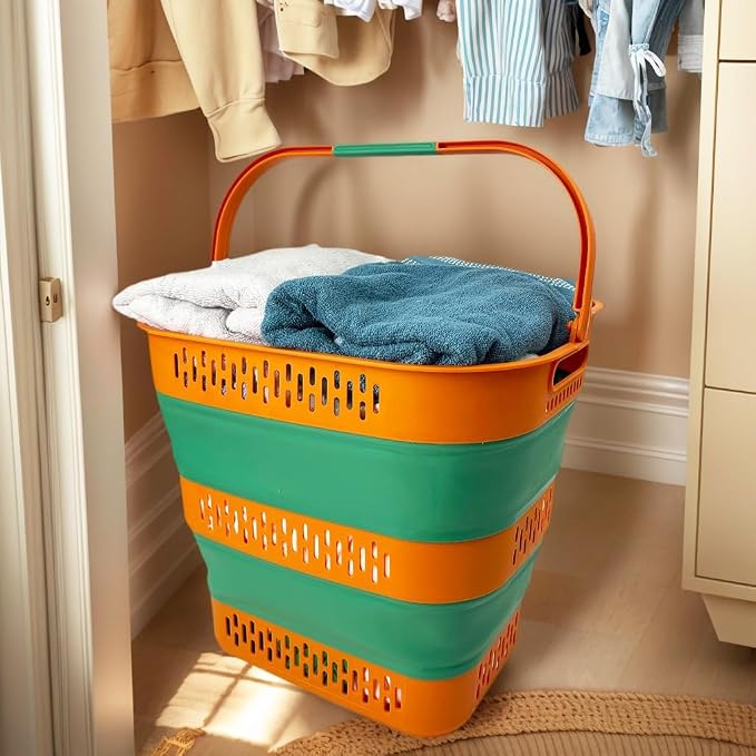 SAMMART 38L(10 Gal) Collapsible Laundry Basket - Foldable Pop-Up Storage Container/Organizer-Portable Space Saving Hamper, Measure 17.5x13.3x15.7"/3.8" Expanded/Collapsed (2, Autumn Leaf/Forest Green) - Image 6