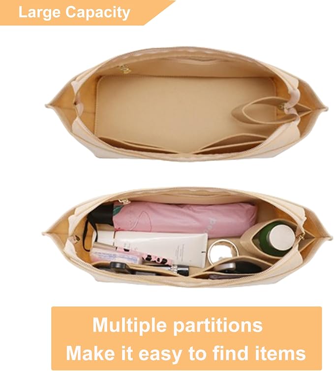 Purse Organizer Insert for Handbags, Felt Neverfull MM Organizer Insert with Cover, Tote Bag Organizer with Zipper Pocket and Bottle Holder, Fit Neverfull MM and More, Beige-L - Image 5