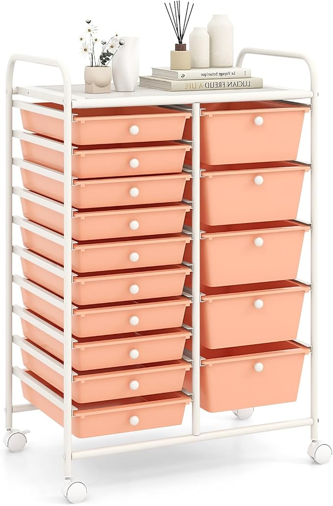 RELAX4LIFE 15-Drawer Storage Drawer Carts - Mobile Rolling Utility Cart w/Wheels, Craft Organizer for Classroom Organization and Storage, School, Office, Home, Storage Organizer Cart (Pink) by RELAX4LIFE