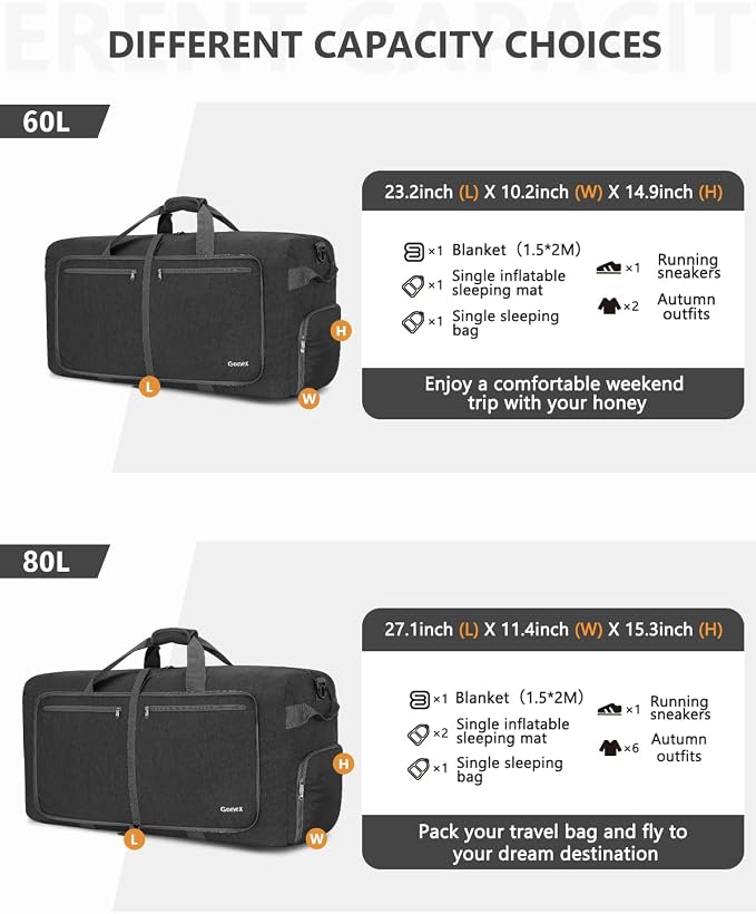 Gonex 80L Foldable Travel Duffle Bag with Shoe Compartment, Lightweight | 210D Nylon, Water-Repellent, Folds Compact, Multiple Pockets, Luggage Sleeve, Weekend Trips & Camping, Dark Grey - Image 2