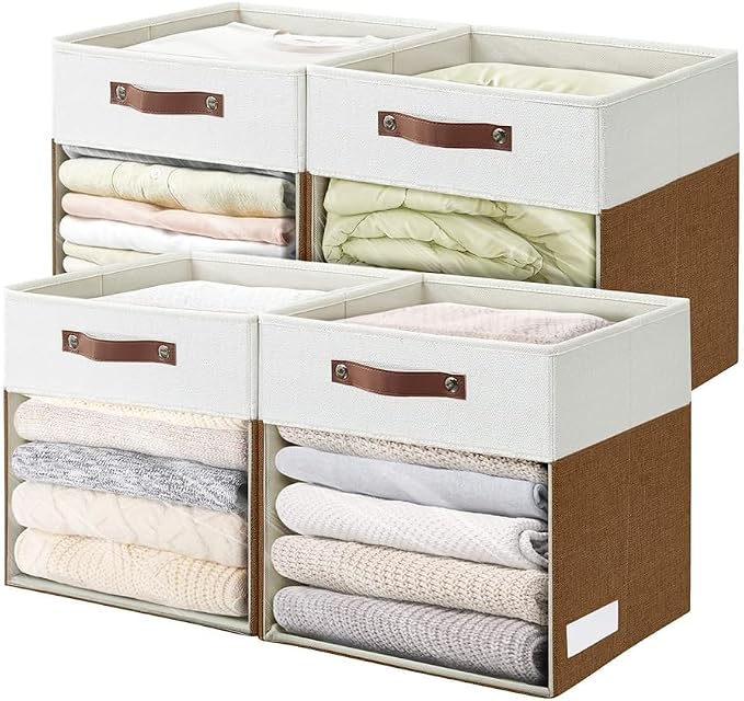 Storage Cubes, 4 Pack Linen Foldable Storage Bins (13 x 13 inch) with Clear Window and Handles, Fabric Organizer for Shelf Closet, Clothes, Books - (Brown and White) by Bagnizer