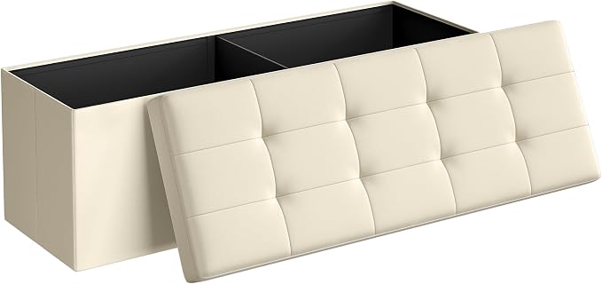 SONGMICS MAZIE Collection - 43 Inches Folding Storage Ottoman Bench, Ottoman Foot Rest, End of Bed Bench, Storage Chest, Load 660 lb, for Living Room, Bedroom, Entryway, Cream White ULSF77BE by Unknown
