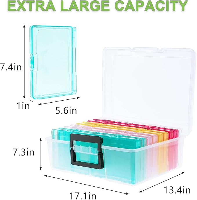 Photo Storage Box 5" x 7", 18 Inner Extra Large Photo Organizer Container, Plastic Craft Storage Box with Handle for Cards, Sticker, Seed, Scrapbooking, Craft, Classroom Supplies - Image 2