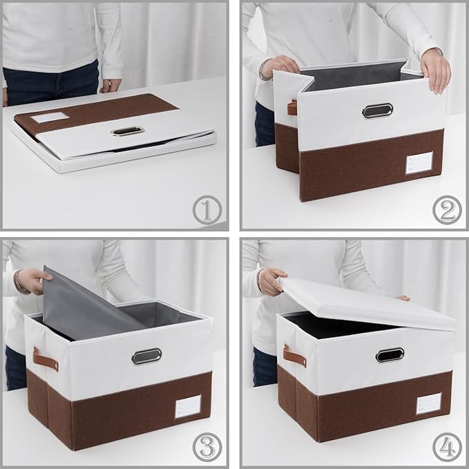 Foldable Storage Bins with Lids [3-Pack] Fabric Collapsible Storage Boxes Baskets Cubes Containers with Handles for Closet Living Room Bedroom (Brown & White 17.7x11.8x11.8'') - Image 6