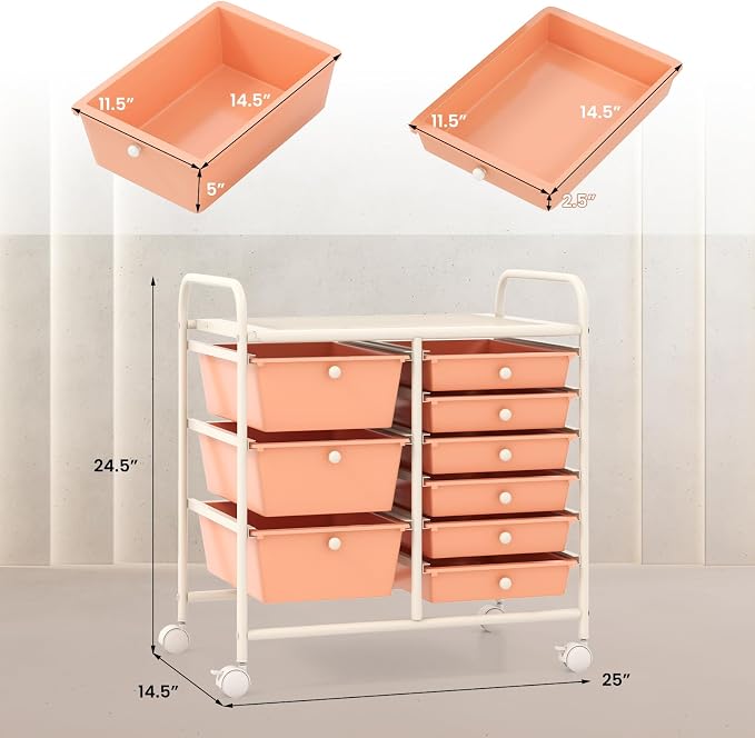 RELAX4LIFE 9 Drawer Rolling Storage Cart - Mobile Drawer Carts for Craft Art Supply Paper Salon, Utility Cart on Wheels for Classroom Teacher School Office, Rolling Cart with Drawers (Pink) - Image 3