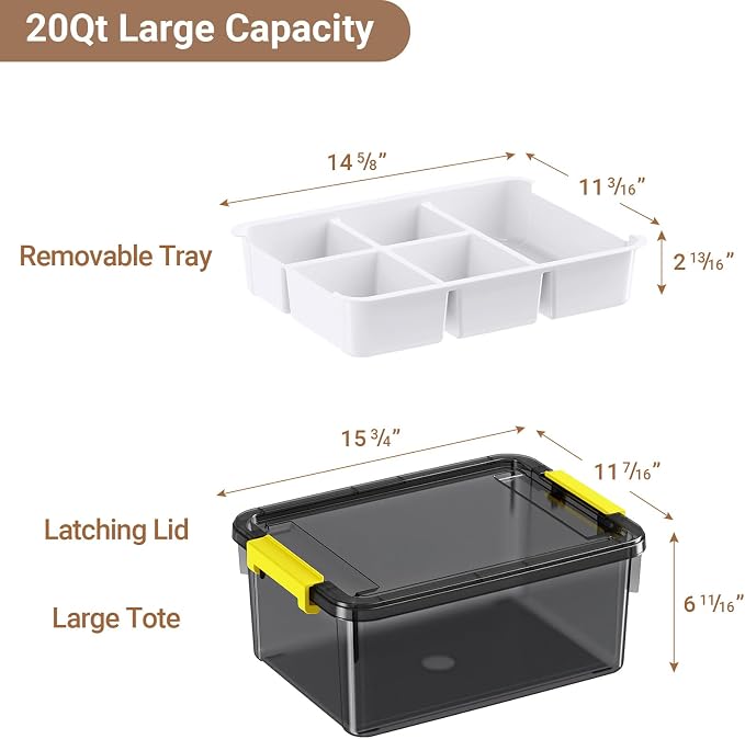 20Qt Stackable Storage Bins with Lids Trays Craft Box Organizers, 1Pack,GY | Clear Plastic Latching Boxes Organizers with Dividers Portable Containers for Arts & Crafts, Home Office Classroom Car Trunk - Image 2