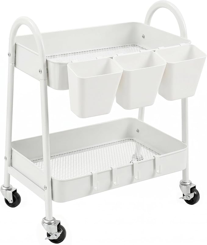 danpinera 2-Tier Rolling Cart, Utility Cart Mobile Metal Rolling Storage Cart with Lockable Wheels & Hanging Cups & Hooks for Kitchen, Bathroom, Office, Workshop, Purple by danpinera