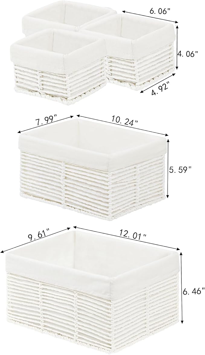 Wicker Storage Basket, Hand-Woven Paper Rope Woven Baskets, Rectangular Small Wicker Baskets for Organizing, Cube Storage Bins for Closet/Clothes/Dresser, White, 5-Pack - Image 2