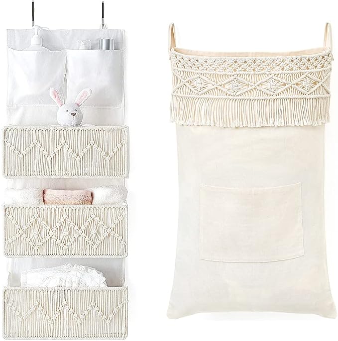 Mkono Macrame Over The Door Organizer and Hanining Laundry Hamper by Mkono