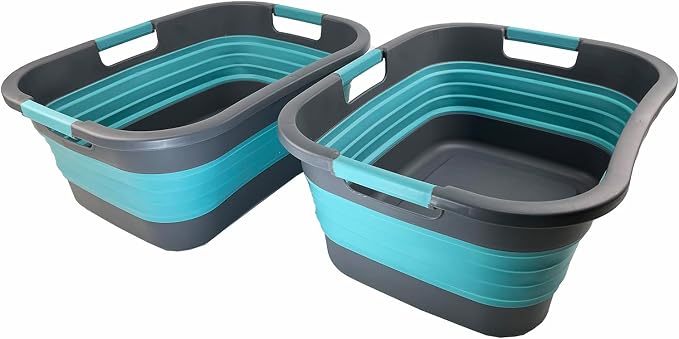 SAMMART 30L (7.9 gallon) Collapsible Plastic Laundry Basket - Foldable Pop Up Storage Container/Organizer - Portable Washing Tub - Space Saving Hamper/Basket (2, Grey/Crystal Blue) by SAMMART
