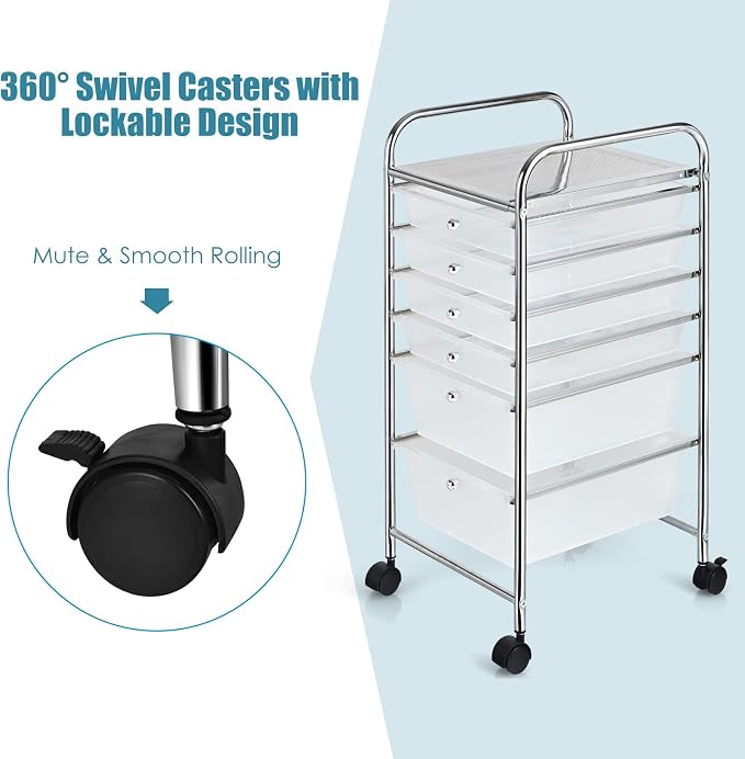 Giantex 6 Storage Drawer Cart Rolling Organizer Cart for Tools Scrapbook Paper Home Office School Multipurpose Mobile Utility Cart (Clear White) - Image 5