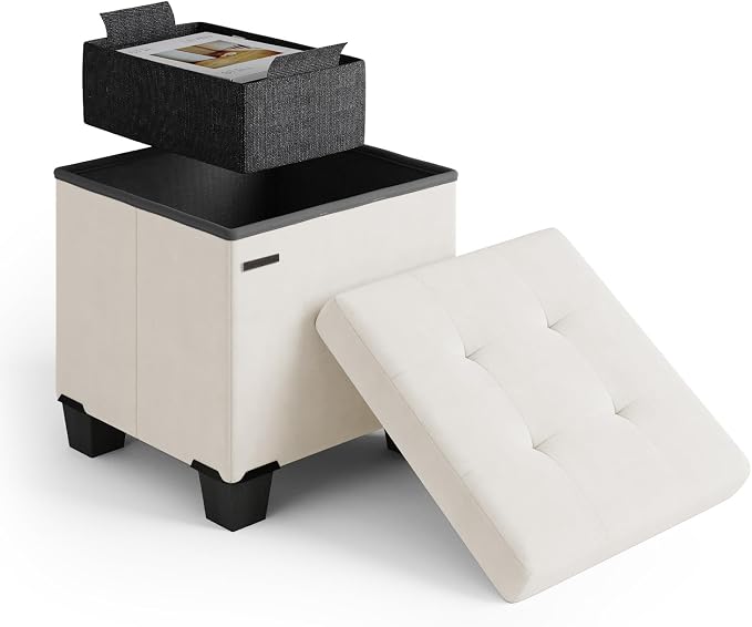 Storage Ottoman Cube with Small Bin, 15-in Square Ottoman with Storage for Living Room and Bedroom, Small Ottomans Foot Rest, Velvet Foot Stools Ottomans Max 330lbs, Cream by STORAGEBUD