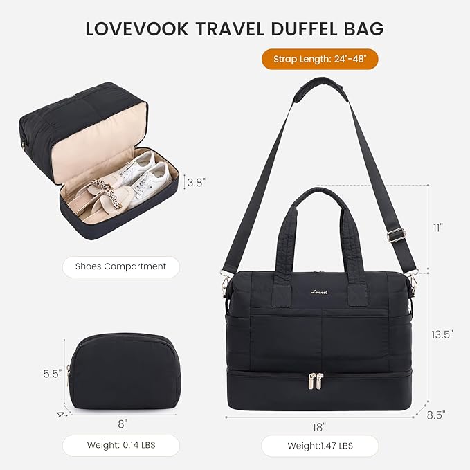 LOVEVOOK Travel Duffle Bag - Puffer Weekender Bags For Women with Shoe Compartment,40L Carry On Overnight Duffel Bags For Airplanes,Hospital Bag for Labor and Delivery,2Pcs - Image 3
