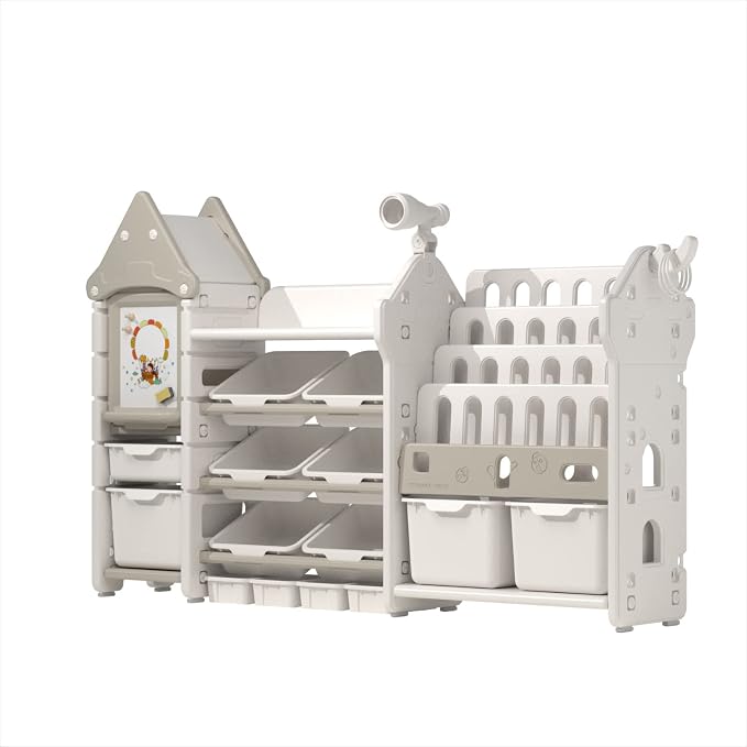 UNICOO® Magic Castle Kids Toy Storage & Bookshelf Organizer with 14 Easy-Pull Bins, Durable HDPE Material, Multifunctional Play Collection with Painting Board & Telescope, Children's Bookcase (White) - Image 8
