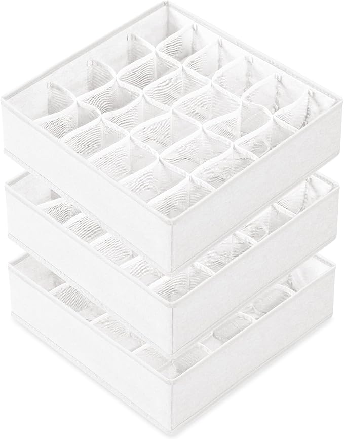 3 Pack Sock Underwear Drawer Organizer Dividers, 64 Cell Fabric Foldable Cabinet Closet Organizers and Storage Boxes for Storing Socks, Panties, Ties (16+24+24 Cell, White) by Criusia
