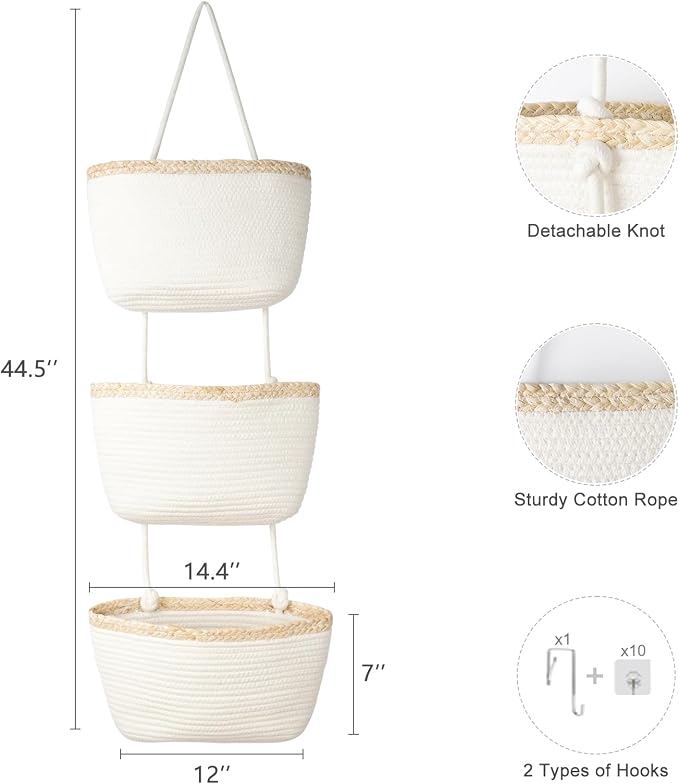 TeoKJ Over the Door Hanging Basket, 3-Tier Woven Cotton Wall-Mounted Storage Organizer Bag Decorative Hanging Nursery Baskets, White & Light Brown - Image 2