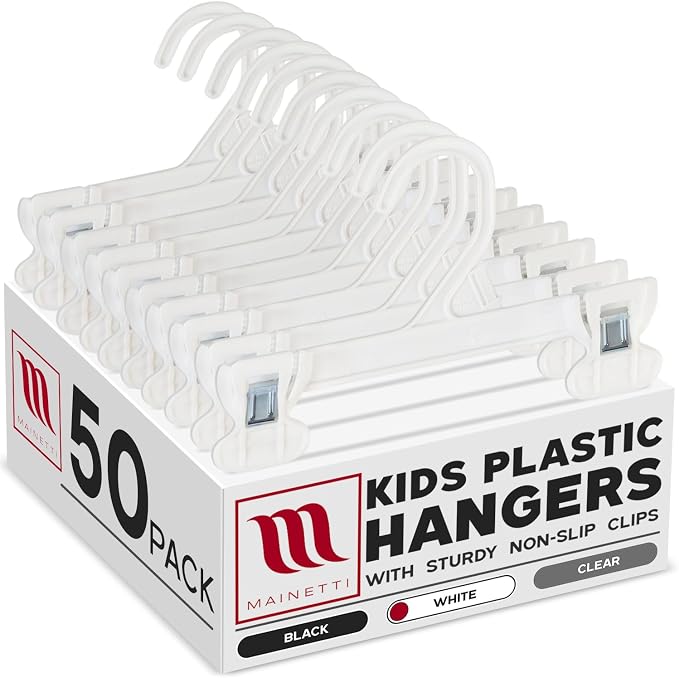 8in White Kids Pants Hangers with Non-Slip Clips (50 Pack) | Kids Pants Hangers with Non-Slip Clips for Pants, Skirts & Bottoms, 8-Inch White Plastic, Space-Saving for Closets by Mainetti