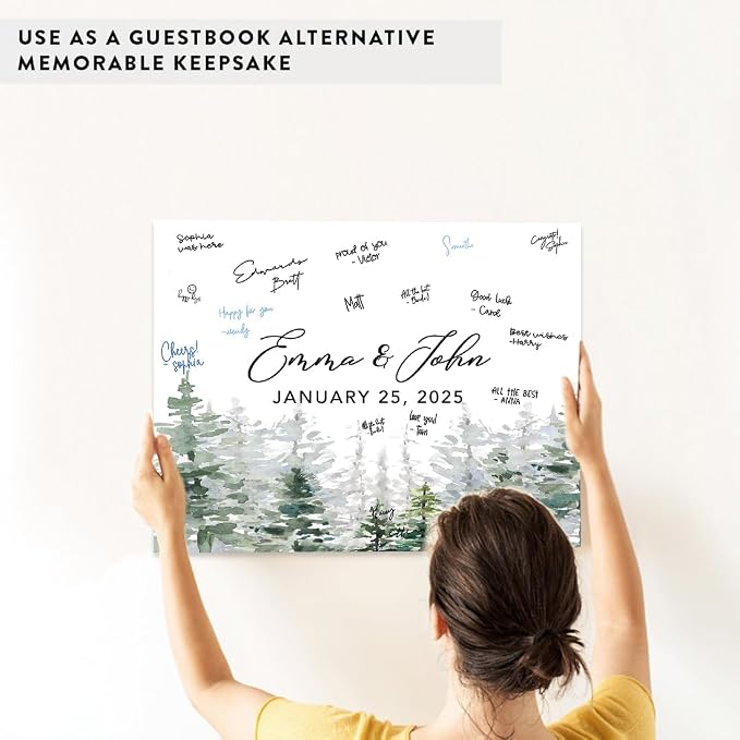 Andaz Press Custom Large Canvas Wedding Guest Book Alternative, 16 x 20 Inches, Misty Woodland Forest Trees Horizontal Boho Personalized Sign Our Canvas Guest Book Signs for Wedding Rustic Woodland - Image 6