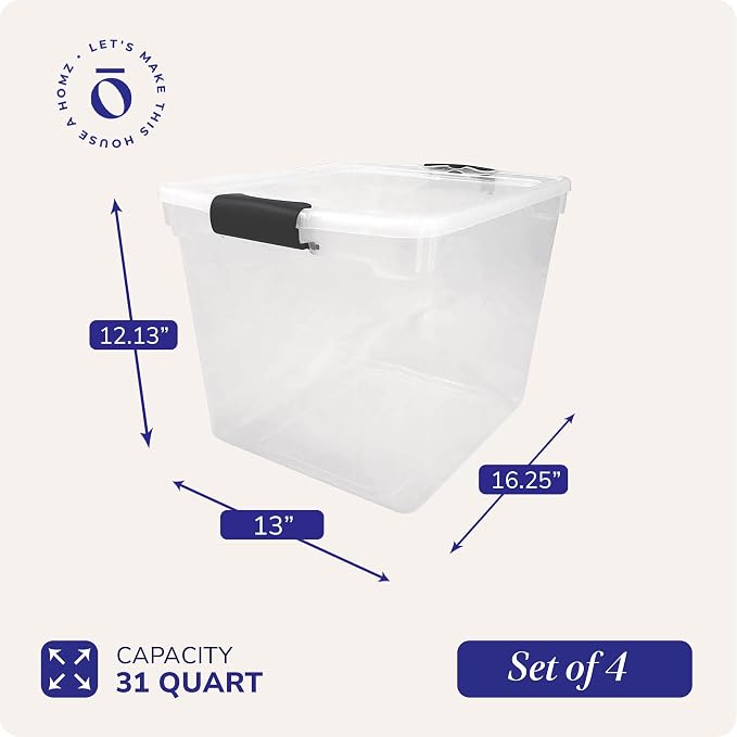 HOMZ Clear Plastic Storage Bins with Latching Lids, 31 Qt, Gray, 4 Pack | Stackable Container Set for Home, Office Shelves, Kitchen, Garage, and Bathroom Organization - Image 6