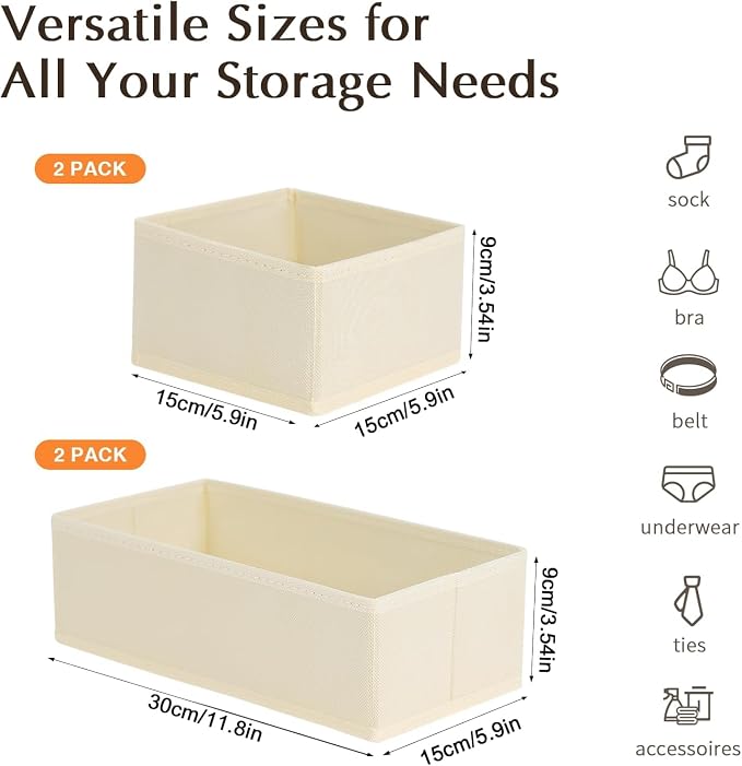 DIMJ Drawer Organiser System Drawer Organiser - Fabric Storage Box, Drawer Inserts for Wardrobes, Wardrobe Organiser for Clothes, Pack of 8, Beige Classic - Image 3