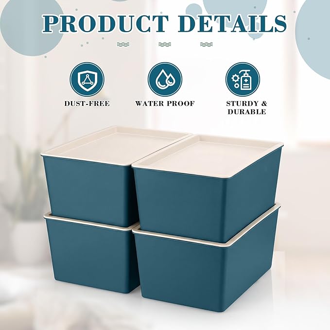 4 Pcs Storage Bins with Lids, Blue, Small | Plastic Stackable Organizing Containers, Heavy Duty Storage Boxes for Classroom Room Shelves, Christmas Ornaments Baskets - Image 3