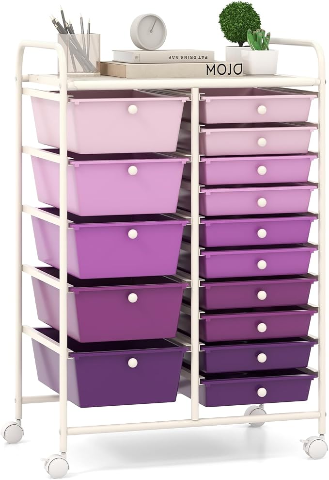 Giantex 15 Drawers Rolling Cart, Classroom Organizers, Storage Cart with Wheels, for Teacher Office Home School Supplies Tool Craft Art Paper, Purple Gradient by Giantex