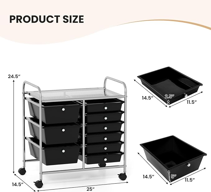 9 Drawer Rolling Storage Cart, Rolling Cart with Drawers for Classroom, Art Supply Craft Organizer on Wheel with Metal Frame & Handles for Home Office School - Image 3