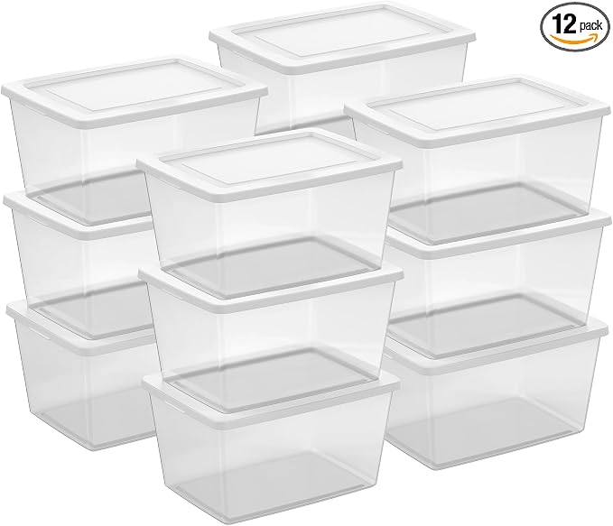 Sterilite Clear Storage Box Stackable Tote, 58 Quart, 12-Pack | Clear Plastic Container with Secure Snapping Lids for Home and Office Organization, White by Sterilite