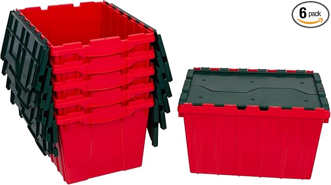 Akro-Mils KeepBox 12 Gallon Storage Container, Nesting and Stackable Plastic Storage Box with Lid Attached, Organizer Tote for Garages, Closets, and Moving, 21-1/2" x 15" x 12-1/2", Red/Green, 6-Pack by Akro-Mils