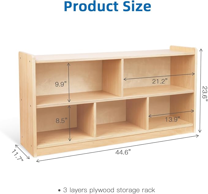 OOOK 5-Compartment Wooden Storage Cabinet, Montessori Toy Shelf Organizers | FSC Safety, Classroom Organizer and Montessori Bookshelf for Playroom, Daycare and Preschool, 44.6"W×11.7"D×23.6"H - Image 3