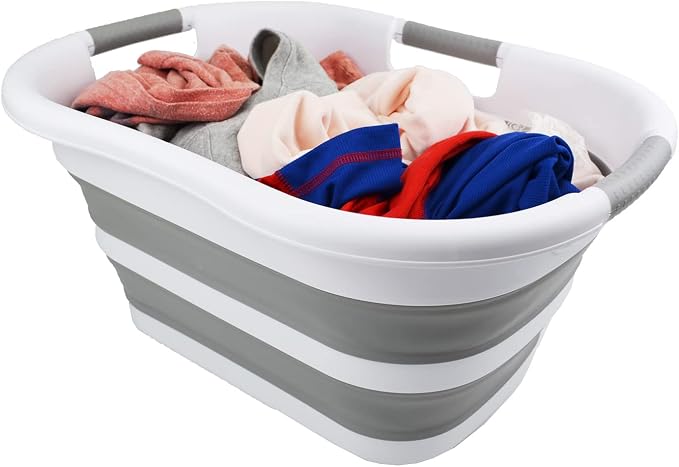 SAMMART 30L (7.9 gallon) Collapsible Plastic Laundry Basket - Foldable Pop Up Storage Container/Organizer - Portable Washing Tub - Space Saving Hamper/Basket (White/Grey (Set of 2)) - Image 8