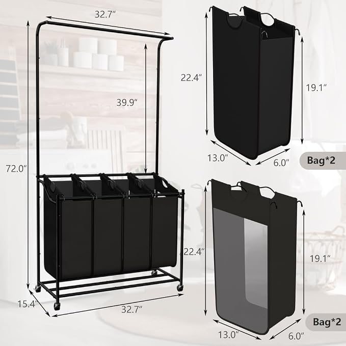 LUCKUP Laundry Sorter 4 Sections with Hanging Bar, 4 Bags Laundry Hamper Rolling Laundry Basket Cart with Lockable Wheels for Laundry Room Bathroom Bedroom, Black - Image 2