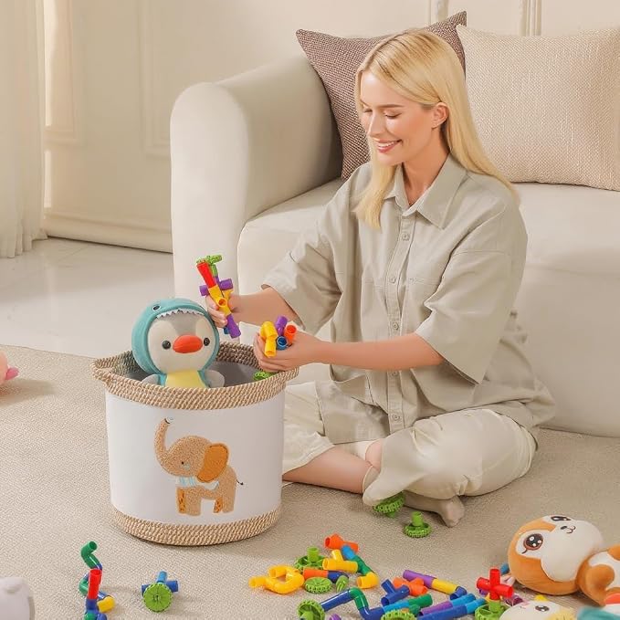 Baby Toy Basket Blanket Baskets Laundry Hamper Cute Elephant Nursery Organization Bins with Handle, Woven Cotton Rope Nursery Storage Basket For Girls Boys Kids Baby Shower Gifts Baskets - Image 3