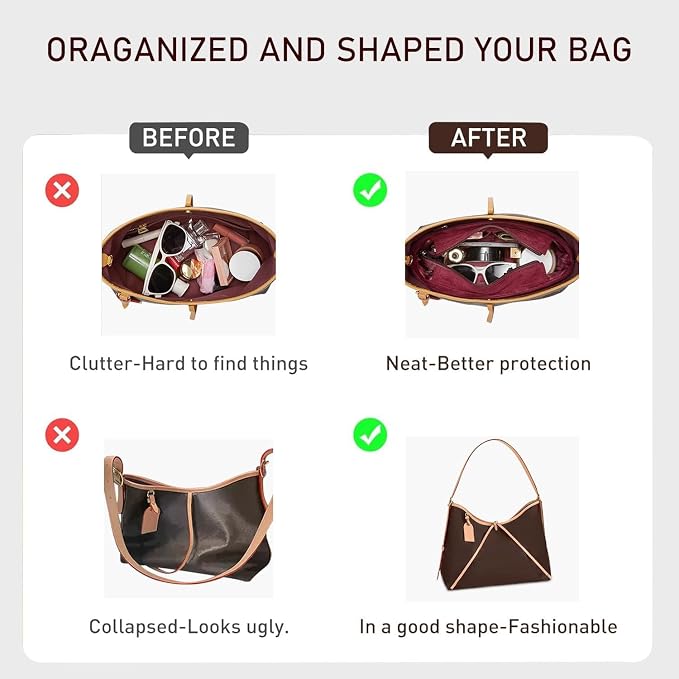 Soft Velvet Purse Organizer Insert for lv Carryall MM, Wine Red | Carryall MM Organizer with Zipper Cover Closure, Protects Interior, Keeps Shape, Easy Transfer Tote Handbag Dividers - Image 4