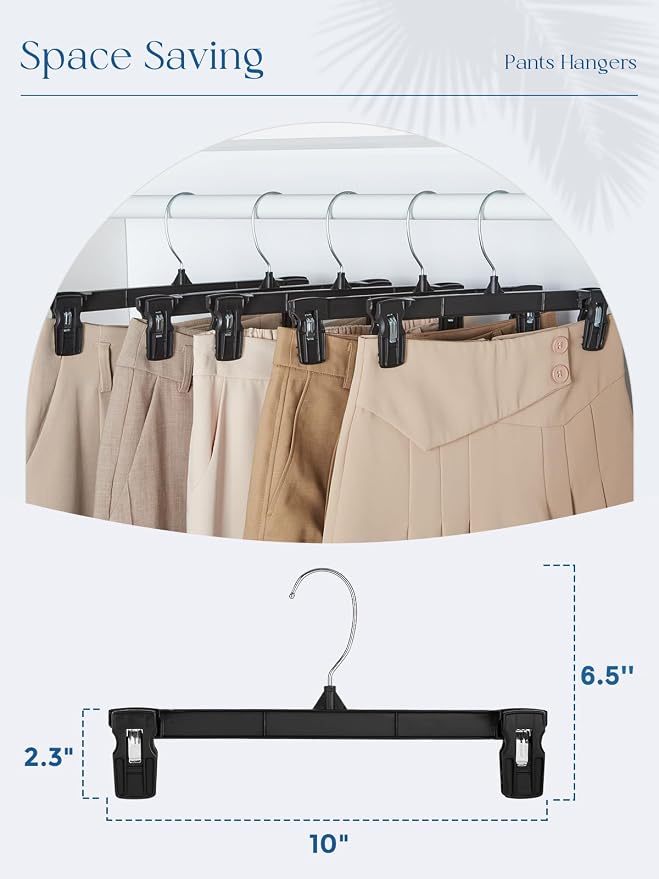 Smartor Black Pants Hangers 150 Pack, Skirt Hangers with Clips, 10 Inch | Non-Slip Clips, 360° Swivel Hooks; Compact Plastic Clip Hangers for Dorms, Small Closets and Folded Pants - Image 9