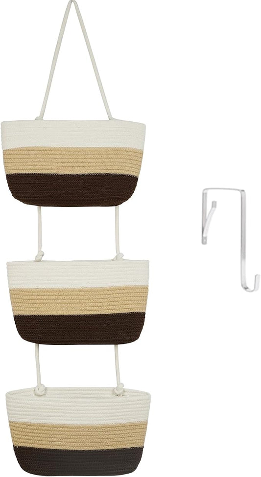 TeoKJ Over the Door Hanging Basket, 3-Tier Woven Cotton Wall-Mounted Storage Organizer Bag Decorative Hanging Nursery Baskets，Gradient Brown by TeoKJ