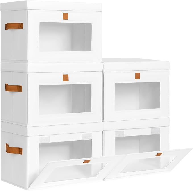 DIMJ Storage Bins with Lids - 5 Pack Front Opening Stackable Fabric Storage Boxes with Clear Window & Handles, Collapsible Closet Organizers for Clothes, Sweaters, Shelf Storage, Bedroom, White by DiMJ