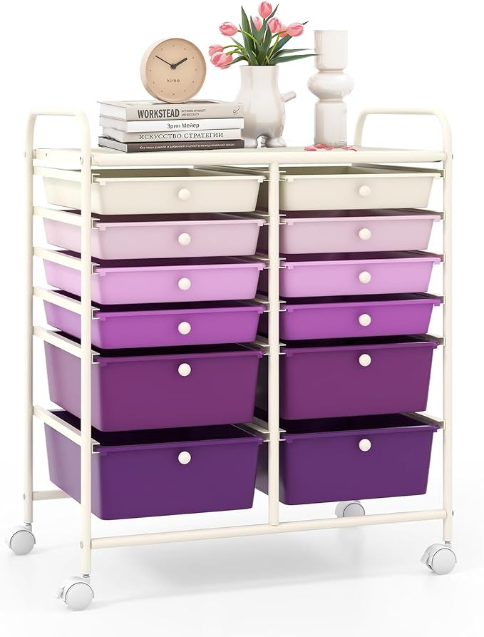 12 Drawer Rolling Storage Cart, Craft Cart Organizer on Wheels with Metal Frame, Large Capacity & Smooth Drawers for Living Room, Classroom, Office (Gradient Purple) by LDAILY