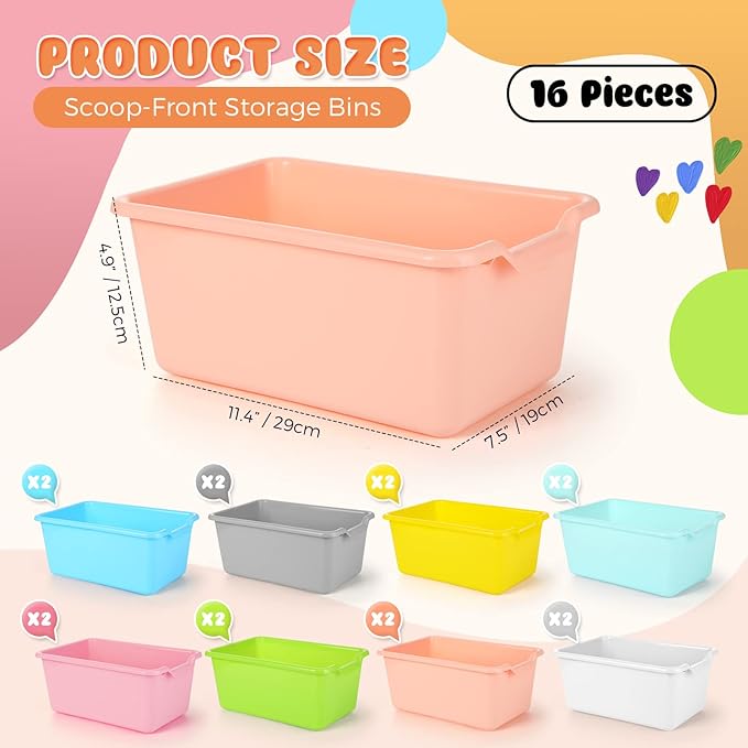 16 Pcs Cubby Bins for Classroom Plastic Book Bins,Candy Color | Storage Bins for Classroom Library, Plastic Stackable Toy Tubs Containers for School Office Home Nursery Playroom - Image 2