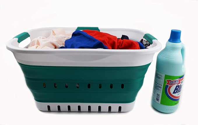 SAMMART Set of 2-30L (8 gallon) Collapsible Plastic Laundry Basket - Foldable Pop Up Storage Container/Organizer - Space Saving Hamper/Basket (2, White/Dark Green) - Image 8