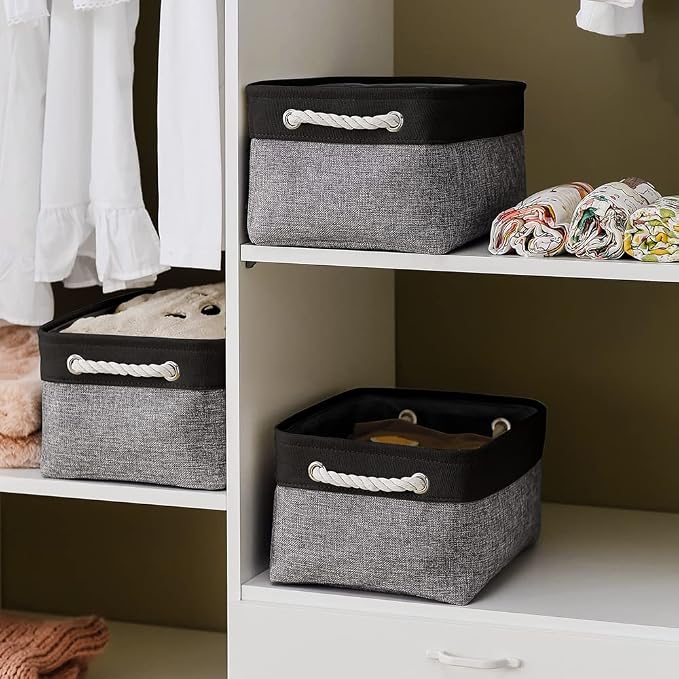 Storage Basket for Organizing - 14x10x7 inch Medium 3 Pack Collapsible Storage Bin for Shelves with Rope, Fabric Storage Cubes for Organizer Cloth Gift Toy Closet (Black & Grey) - Image 2